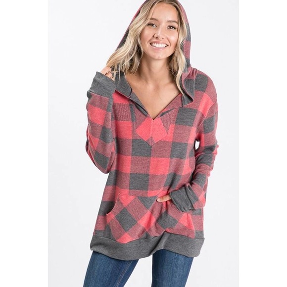 NWT!! Red & Gray Plaid V-Neck Hooded Top - Picture 2 of 9